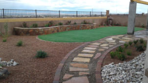 Synthetic lawn, artificial turf in back yard landscaping